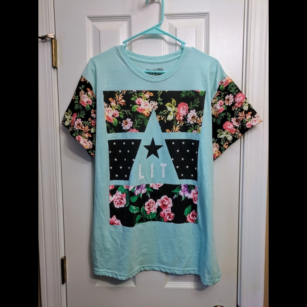 Fresh Laundry LIT Mint Turquoise Floral Shirt Sz L
